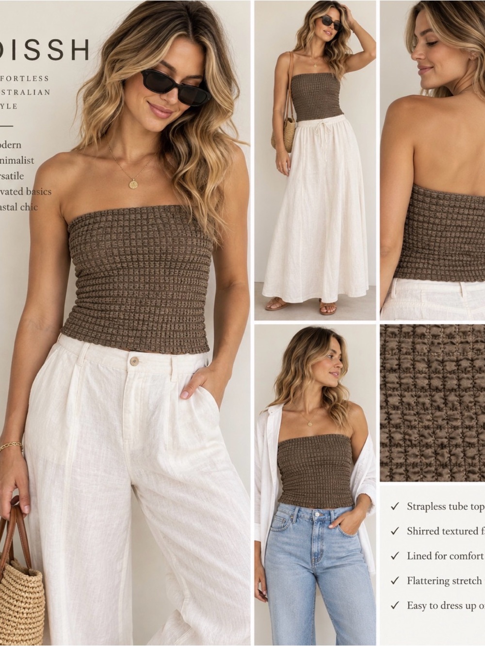 Dissh M Mocha strapless stretch flattering fitted earthy smocked tube top